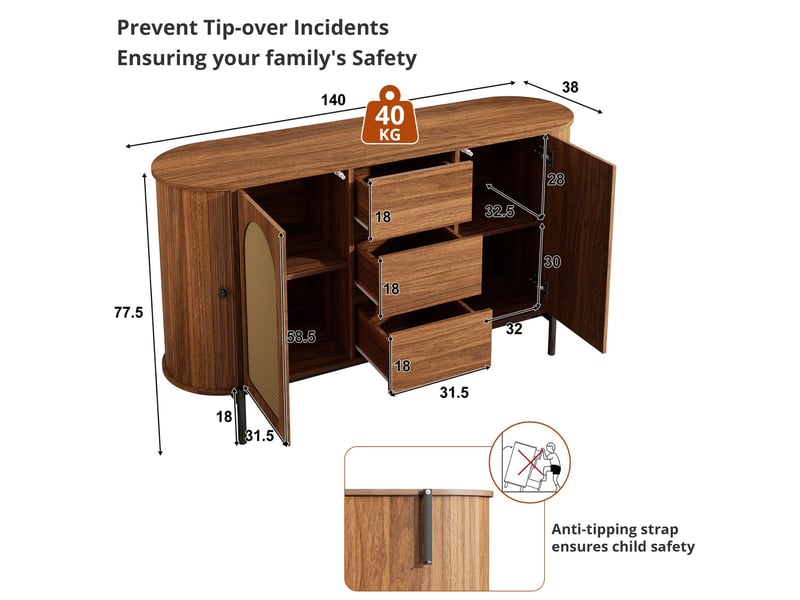 Buffet bas ovale 140x38x77,5 cm, portes coulissantes et rotin, 3 tiroirs, mdf, pieds métal, noyer - Conforama C