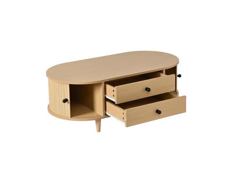  Table basse ronde en mdf avec portes coulissantes et 2 tiroirs - pieds bois massif - 100x50x36 cm - charge max 50 kg  - Conforama E