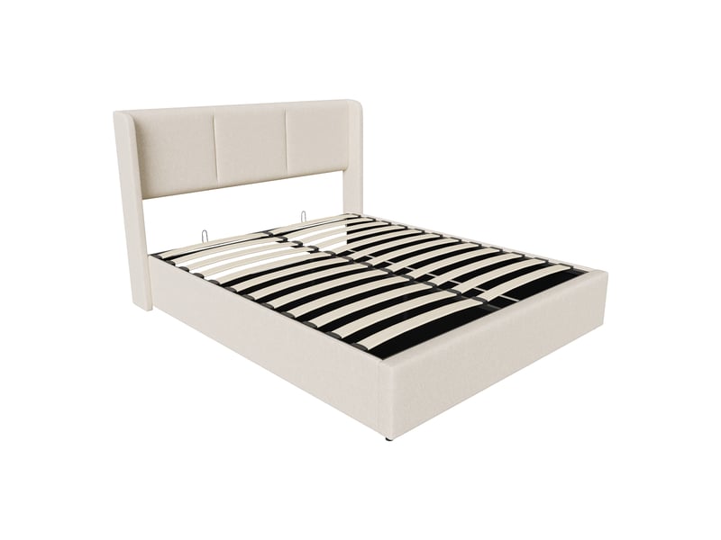  Lit coffre 160x200 cm rembourré tissu lin beige, tête de lit à oreilles, système hydraulique, grand espace de rangement, sommier à lattes  - Conforama A
