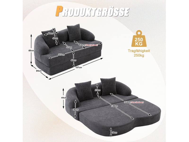 Canapé convertible 2 places 157*84*65cm en chenille gris foncé chicfurn - Conforama D