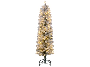 Sapin de noël artificiel 150 cm avec éclairage led blanc chaud, 263 branches enneigées, base en métal, réaliste et fin