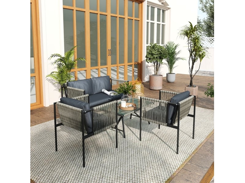 Salon de jardin 4 pièces 116x65 cm gris, canapé 2 places, 2 fauteuils, table basse en rotin synthétique - Conforama B