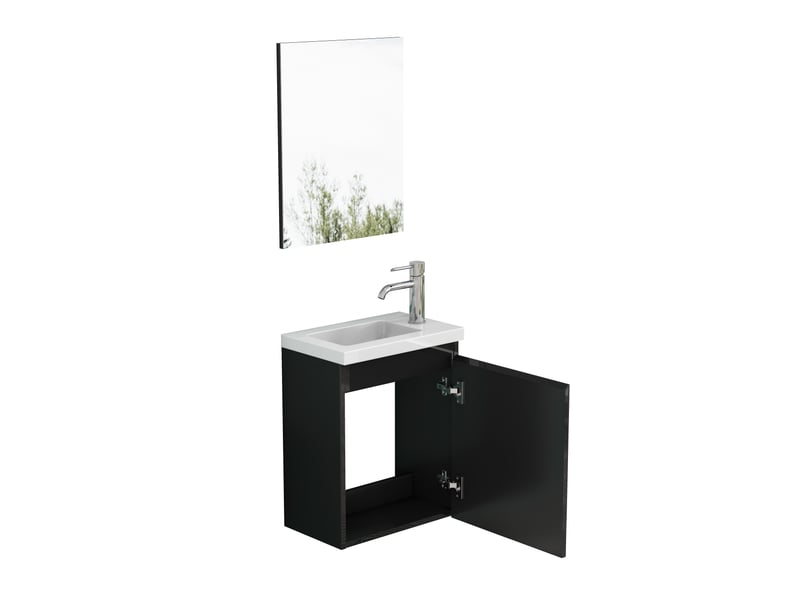 Meuble vasque mural noir brillant avec lavabo céramique et miroir 40 cm - Conforama E