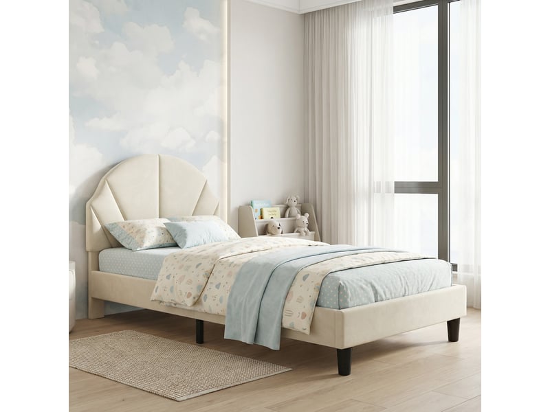  Lit simple 90x200, lit enfant capitonné avec tête de lit coquille réglable en hauteur, velours, style moderne scandinavo, beige  - Conforama B