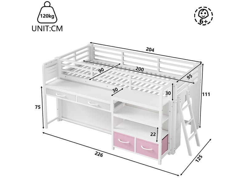  Lit mezzanine modenvie 90 x 200 cm avec bureau, rangements, tiroirs en tissu et led multicolore blanc  - Conforama C