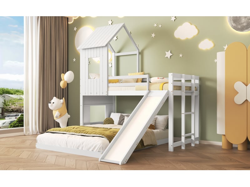  Lit superposé cabane avec toboggan - 90x200cm et 140x200cm - toit, fenêtre et échelle à 3 marches - avec sommiers à lattes - blanc  - Conforama B