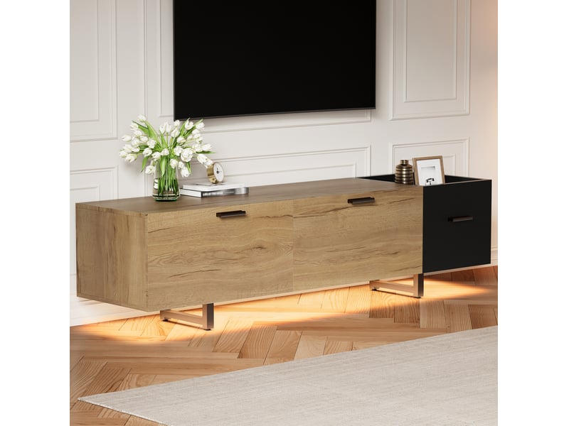  Meuble tv 180 x 38 x 49 cm avec tiroirs, led intégrée, noir et décor bois  - Conforama E