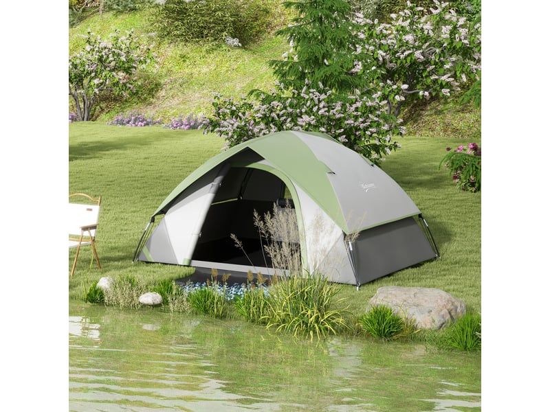  Tente dôme pour 2 personnes, légère, stable et imperméable, avec porte et fenêtre, sac de transport, gris et vert.  - Conforama C