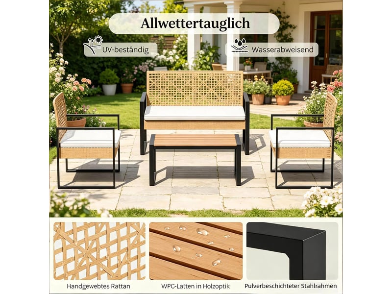 Salon de jardin avec 1 canapé 2 places, 2 fauteuils et 1 table basse, rotin pe, métal et tissu, bois naturel - Conforama E