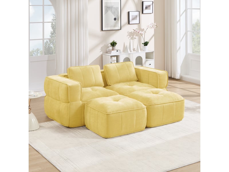  Canapé modulaire 2 places avec deux poufs, assise profonde - lpospi - accoudoirs larges, polyester jaune  - Conforama C