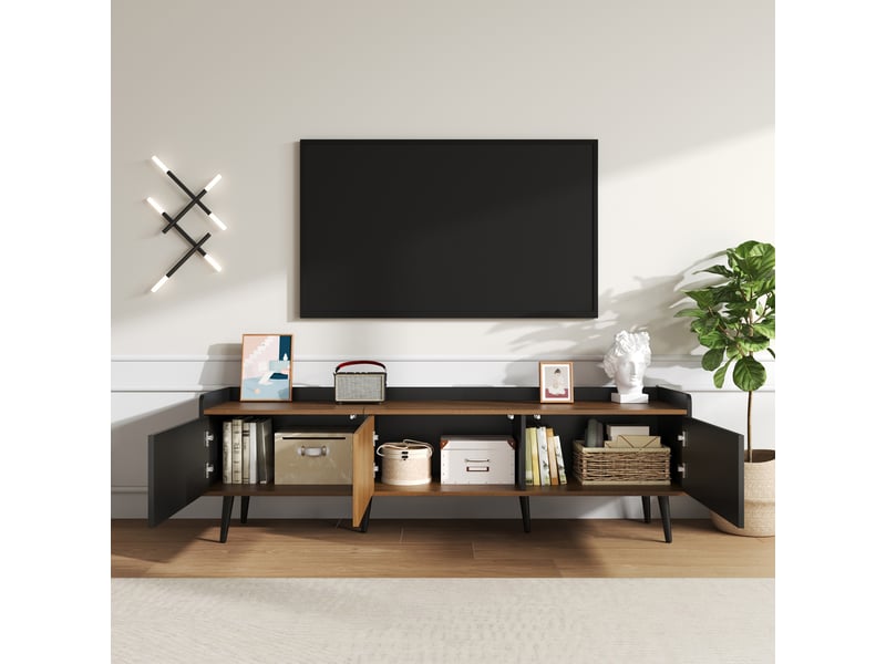  Meuble tv noir et bois 160 cm, meuble tv 3 portes avec bords surélevés et pieds en bois massif pour salon  - Conforama C