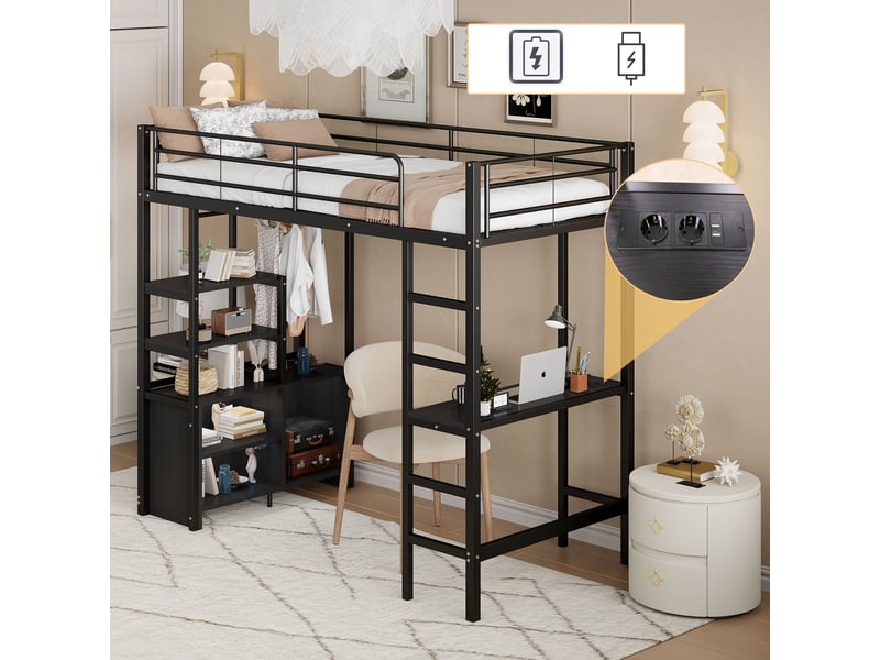  Lit mezzanine noir 90x200cm avec rangement, échelle, bureau et étagères, armoire, gain de place, durable - fer - pour enfant ado  - Conforama B