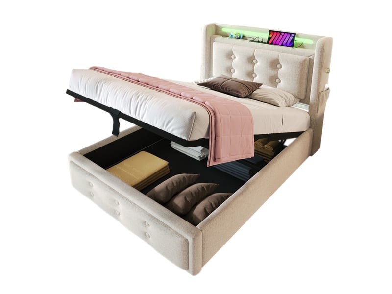  Lit coffre 90 x 200 cm - lit simple avec éclairage led et fonction charge usb c - bois, coton, métal - avec matelas - beige  - Conforama A