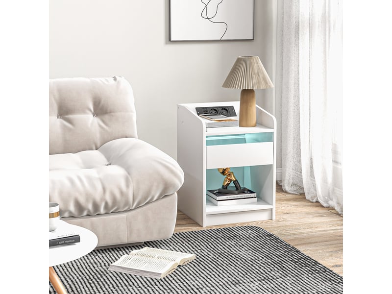  Table de chevet avec éclairage led, tiroir, étagère, station de charge, ports usb et télécommande, 40 x 40 x 58 cm, blanche  - Conforama D