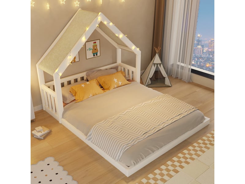  Lit cabane pour enfant, 140 x 200 cm, avec toit en tissu et guirlande lumineuse, structure en bois, blanc  - Conforama D