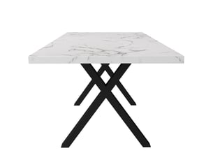 Table de salle à manger rectangulaire à pieds croisés en mdf et métal finition marbre blanc