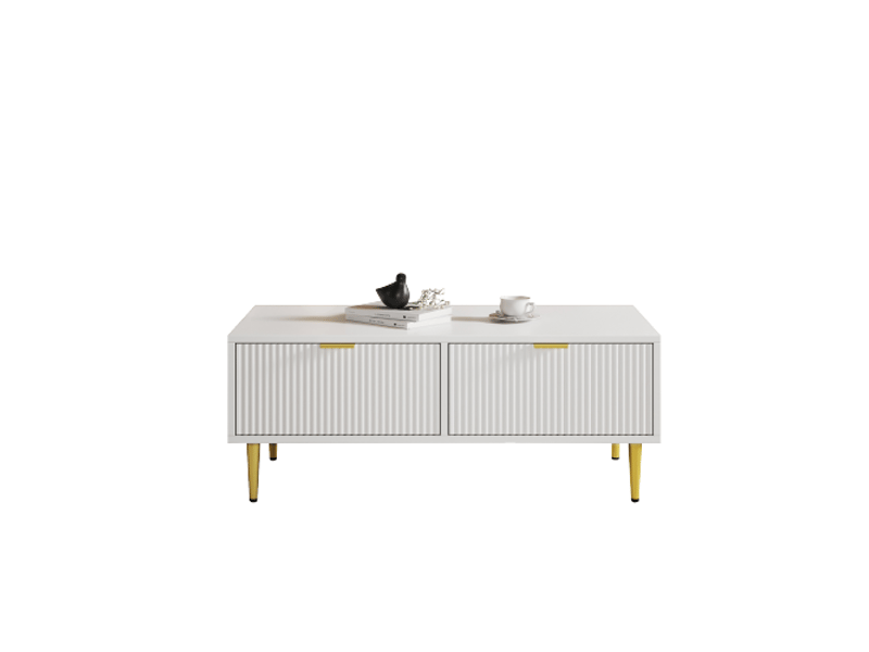  Table basse moderne - blanc avec accents dorés - 2 tiroirs - design à rayures verticales - pieds en métal 100x50x40cm - Conforama A