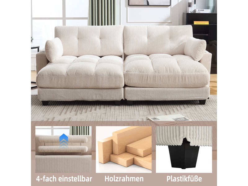  Canapé modulable 2 places en velours côtelé beige 224x140x81 cm, séparable, usb, porte-gobelets, coussins 224x140x81cm - Conforama W