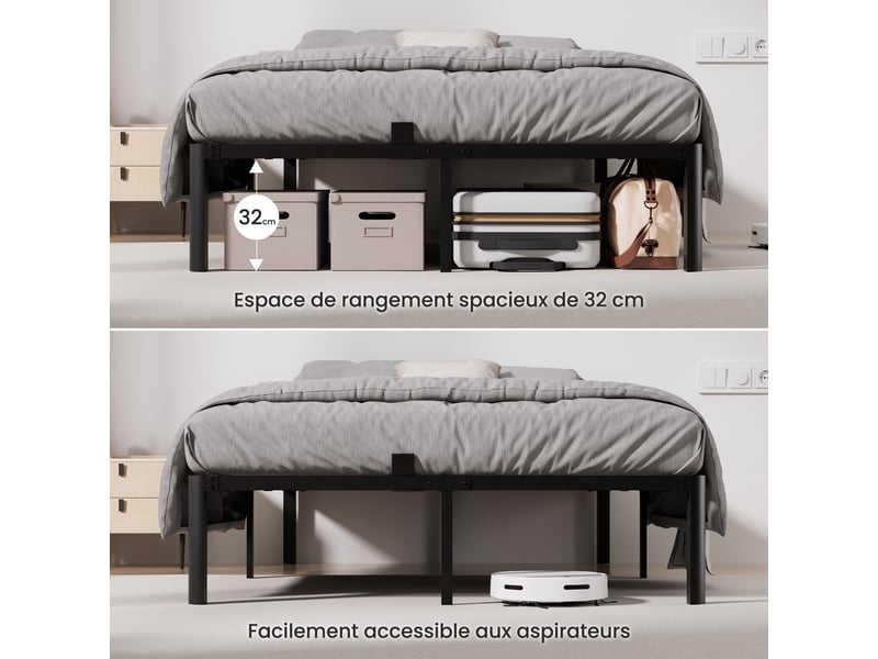  Lit 140 x 190 avec sommier à lattes, cadre de lit métallique renforcé, design minimaliste, grand espace de rangement, structure résistante aux rayures, montage facile, lit double, noir  - Conforama C