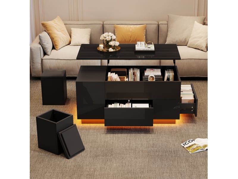 Table basse relevable 100 x 50 cm avec led, 2 tiroirs et 2 tabourets noirs  - Conforama D