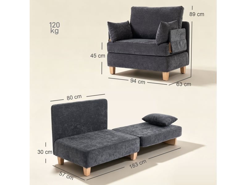  Fauteuil-lit 2-en-1 94x63x89 cm pliant gris foncé sans matelas  - Conforama E
