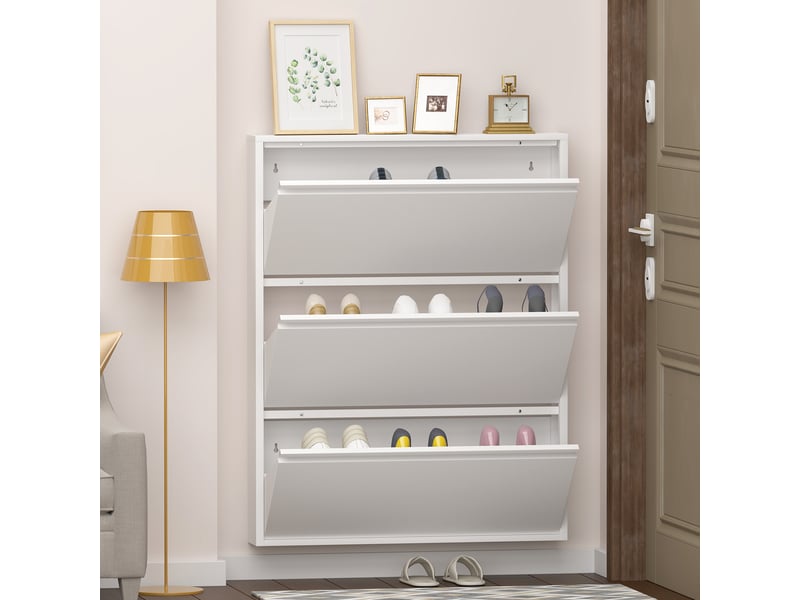  Meuble à chaussures étroit 80x15x109 cm, rangement mural blanc avec 3 tiroirs, optimisation espace entrée et couloir  - Conforama B
