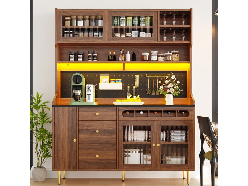  Buffet haut 145 x 39 x 171 cm avec led, étagères réglables et range-bouteilles noyer  - Conforama D