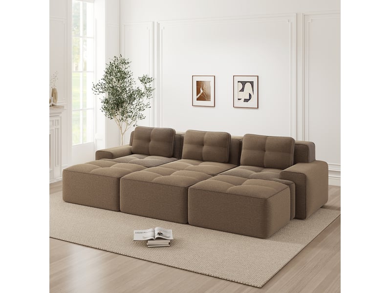  Canapé d'angle ulevr modulable 3 places avec fonction couchage et 3 poufs, velours côtelé marron, 293 x 177 x 69 cm  - Conforama D