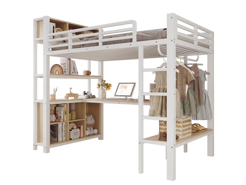  Lit mezzanine 90 × 200 cm 1 place avec bureau, penderie, étagères et rangements, sans matelas, en métal et mdf  - Conforama A