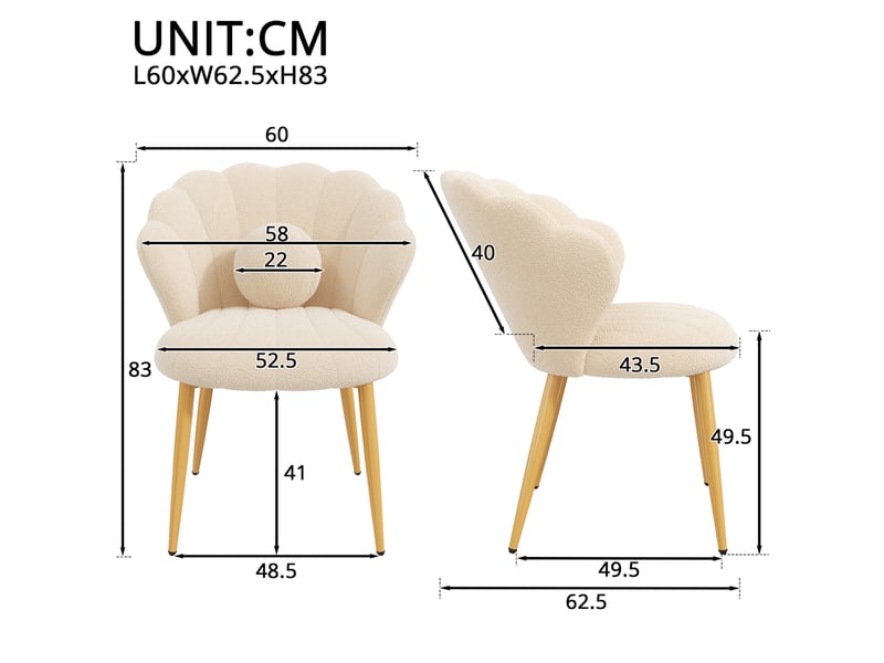 Lot de 6 chaises de salle à manger 60x62,5x83 cm en tissu bouclé beige, pieds dorés  - Conforama C