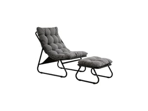 Fauteuil de jardin gris avec repose-pieds, coussin épais et structure acier noire, pour intérieur et extérieur