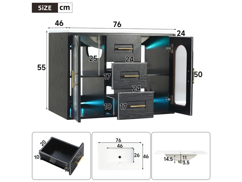 Meuble sous vasque mural 76x46x55 cm noir effet bois avec vasque et led - Conforama C