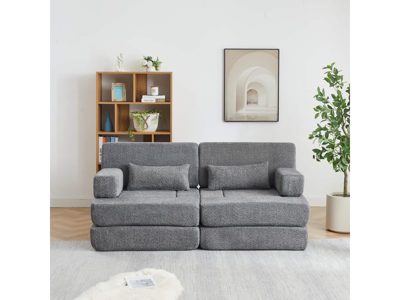 Canapé convertible 2 places 2 en 1-modulable pliable-chenille-lit d'appoint-cadre métal-compressé-gris  - Conforama C