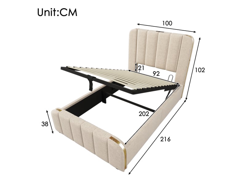 Lit coffre adulte 90x200 cm – beige – rangement hydraulique, usbtype-c et tête de lit rembourrée chic - Conforama C