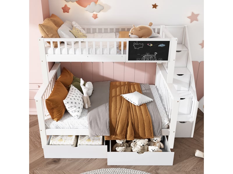  Lit superposé enfant 90x200 + 140x200 cm - avec rangement et tableau - sans matelas - blanc  - Conforama E