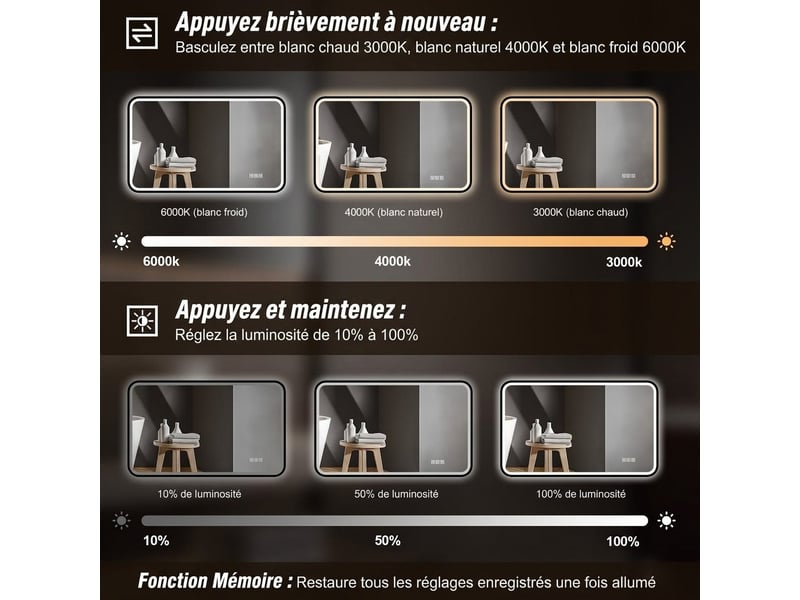  Miroir de salle de bains led 90 x 70 cm noir, cadre en aluminium, éclairage réglable, pose murale  - Conforama E