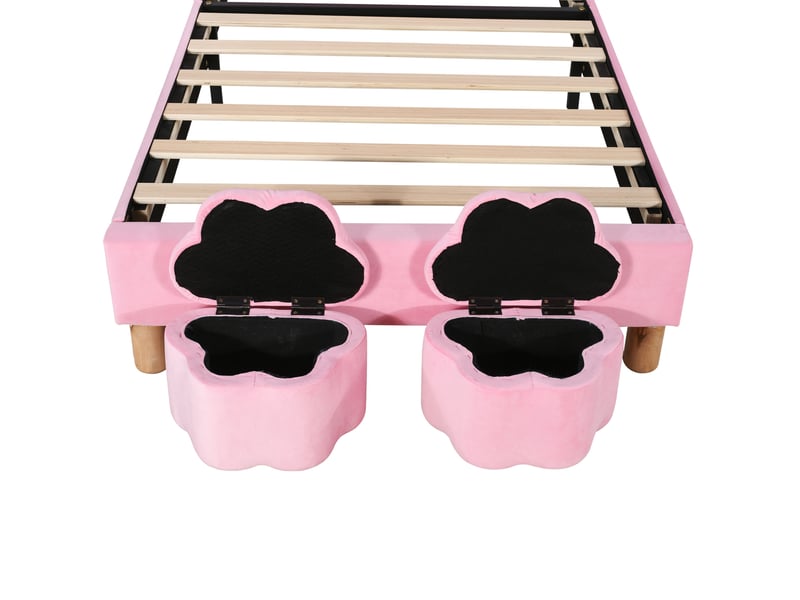  Lit capitonné 90x200 rose velours français avec rangement et oreilles de lapin - éclairage led  - Conforama W