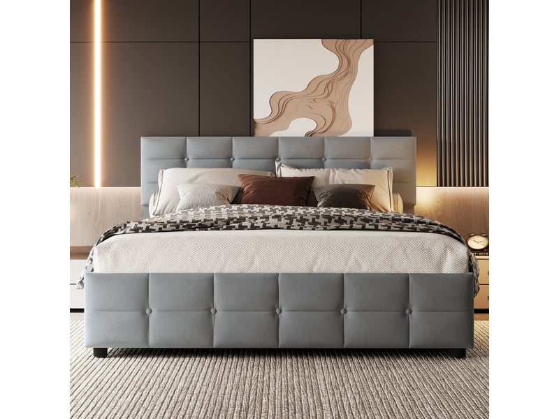  Lit coffre 180x200 cm velours gris – sommier à lattes, ouverture hydraulique, rangement intégré  - Conforama D