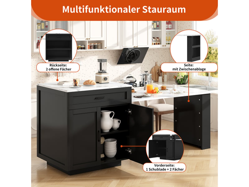  Îlot de cuisine noir mdf 98–204×70×93,5 cm, table extensible pour 2 à 6 personnes, rangements et roulettes à frein  - Conforama E