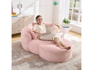Canapé droit à assise ronde, canapé-lit sans pieds, repose-pieds, tissu doux cordé, 168×123×63 cm, rose