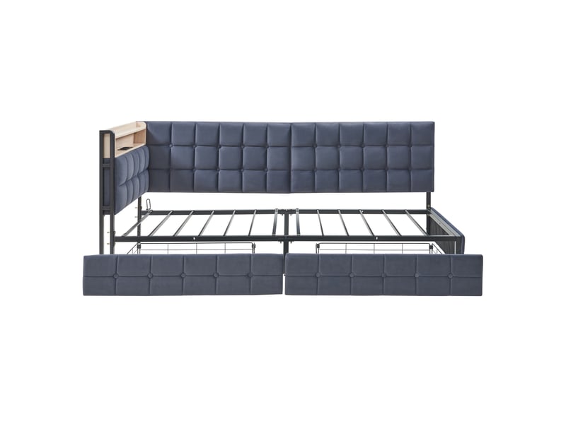  Lit gigogne 90x200 cm gris rembourré avec 2 tiroirs, led, ports usb et usb-c – sans matelas  - Conforama E