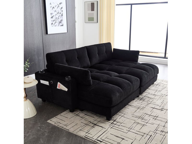  Canapé 2 places modenvie modulable, séparable en 2 fauteuils, velours côtelé noir, ports usb, 4 porte-gobelets, 4 poches, 224 x 140 x 81 cm  - Conforama D