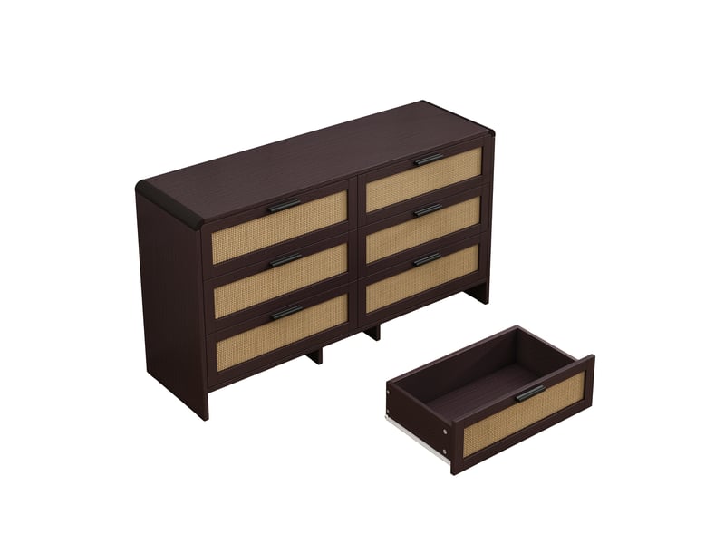 Armoire d'angle modèle rattan 130 cm, brun rougeâtre, 6 tiroirs, rangement rotin salon cuisine - Conforama E
