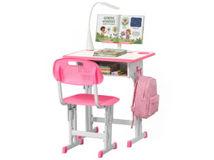 Bureau d'écolier réglable en hauteur pour enfants de 6 à 12 ans, avec pupitre et étagère, en acier et mdf, rose.