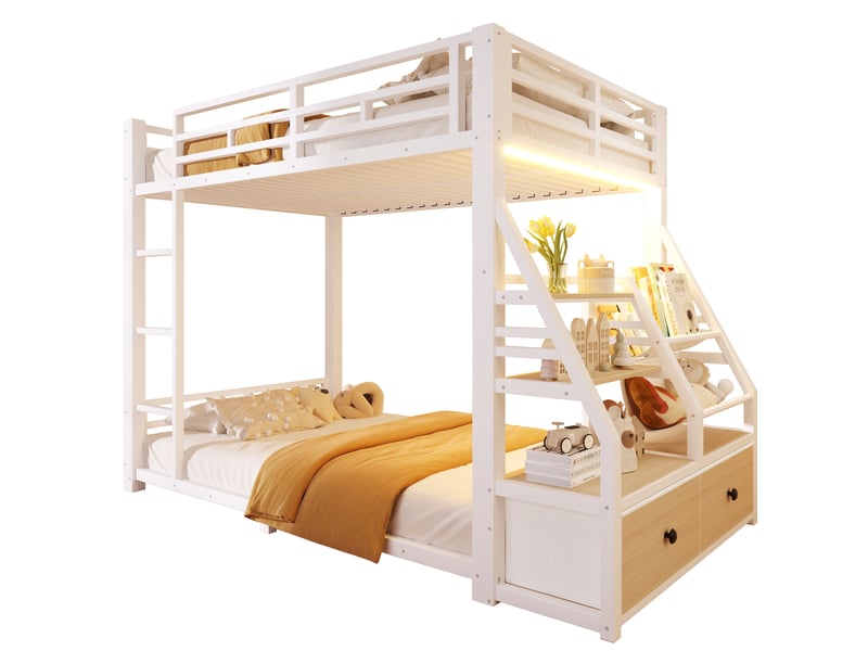  Lit superposé 2 couchages 90x200 cm, avec rangements et 2 tiroirs, led, métal et bois, blanc sans matelas  - Conforama A