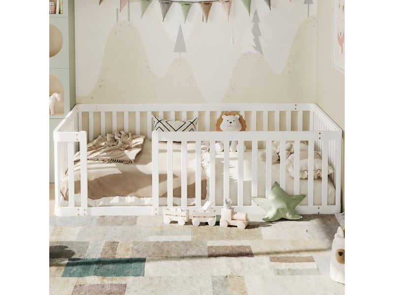  Lit enfant 90x200 avec barrière, cadre en pin massif, blanc  - Conforama B