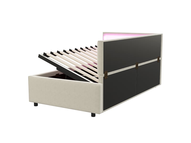  Lit coffre 90x200cm, lit de repos 1 place avec led, dossier, tête de lit et sommier, rangement, velours beige, sans matelas  - Conforama R