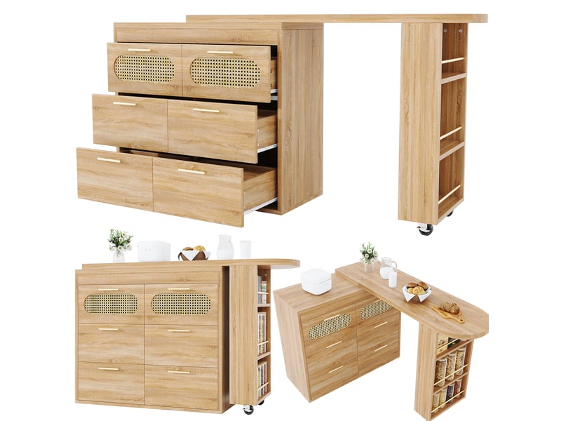  Table bar 203x39x90 cm naturel mdf et métal, 6 tiroirs, rangement avec plateau pivotant  - Conforama A