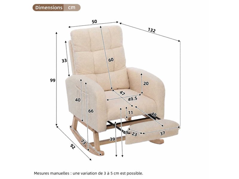 Fauteuil à bascule 132x50x99cm, dossier haut, poche latérale et repose-jambes, tissu bouclette, beige C-DEGAYUN - Conforama C