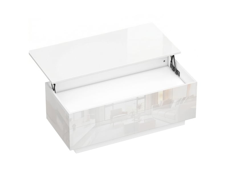  Table basse ulevr relevable avec rangement caché et 2 tiroirs, 102 x 48 cm, blanc brillant, panneaux de particules et métal  - Conforama A